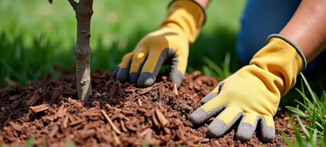 Mit Handschuhen wird Rindenmulch um einen Baum verteilt