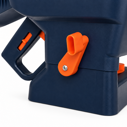 HandyPro in Blau – Detail der orangefarbenen Handkurbel und des Griffs