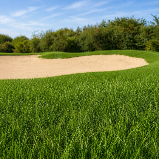 100% Festuca Rollrasen an einem Bunker am Golplatz. LadyFestuca Rollrasen
