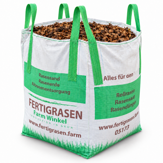 Kiefernrindenmulch im Big Bag mit vier grünen Hebeschlaufen, 1 m³